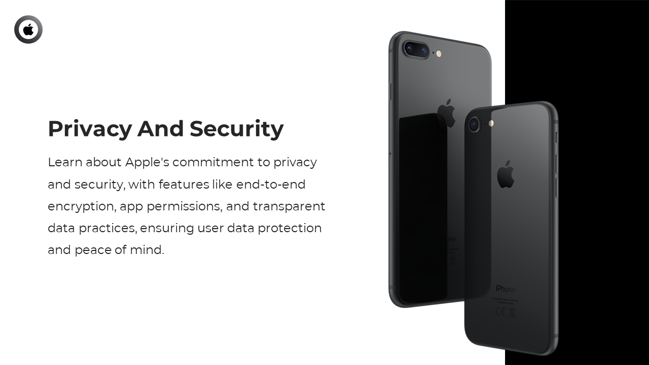 Slide showing rear view of two black iPhones, alongside description of Apple’s privacy features and data protection focus.