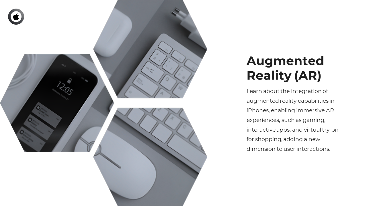 AR feature slide with iPhone and accessories in hexagon frames, and text describing immersive AR experiences and uses.