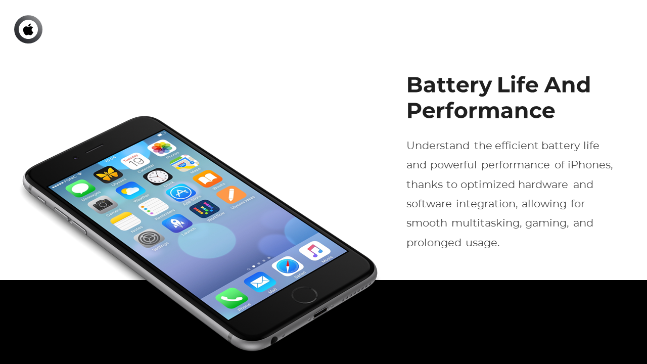 Angled iPhone with classic UI on white background, alongside description of battery optimization and device power.