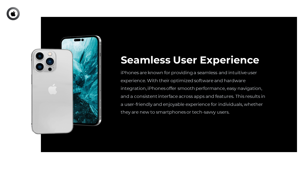 Two sleek iPhones over dark layout with text highlighting Apple’s optimized performance and seamless navigation.