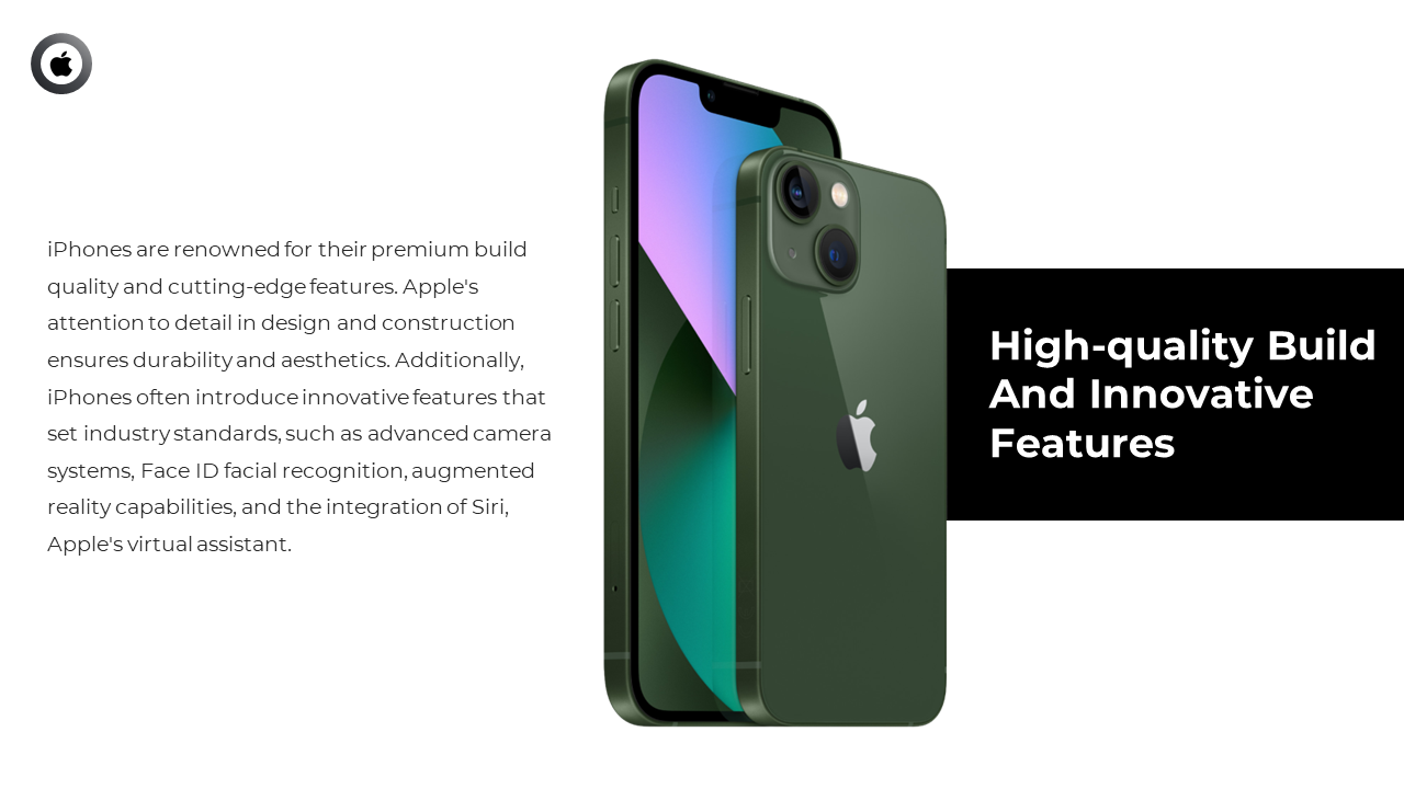 Slide featuring sleek green iPhones and a paragraph on Apple’s advanced features like Face ID, AR, and Siri integration.