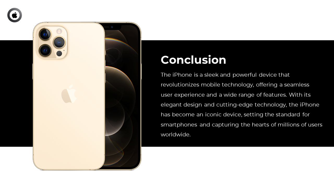 Slide featuring dual gold iPhones and a concluding message about the iPhone’s design, features, and global influence.
