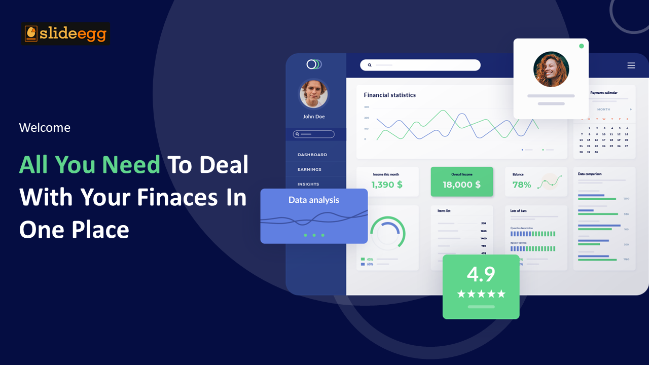 Illustrated finance app UI showing user panel, graphs, balance data, and ratings on a modern dashboard layout.