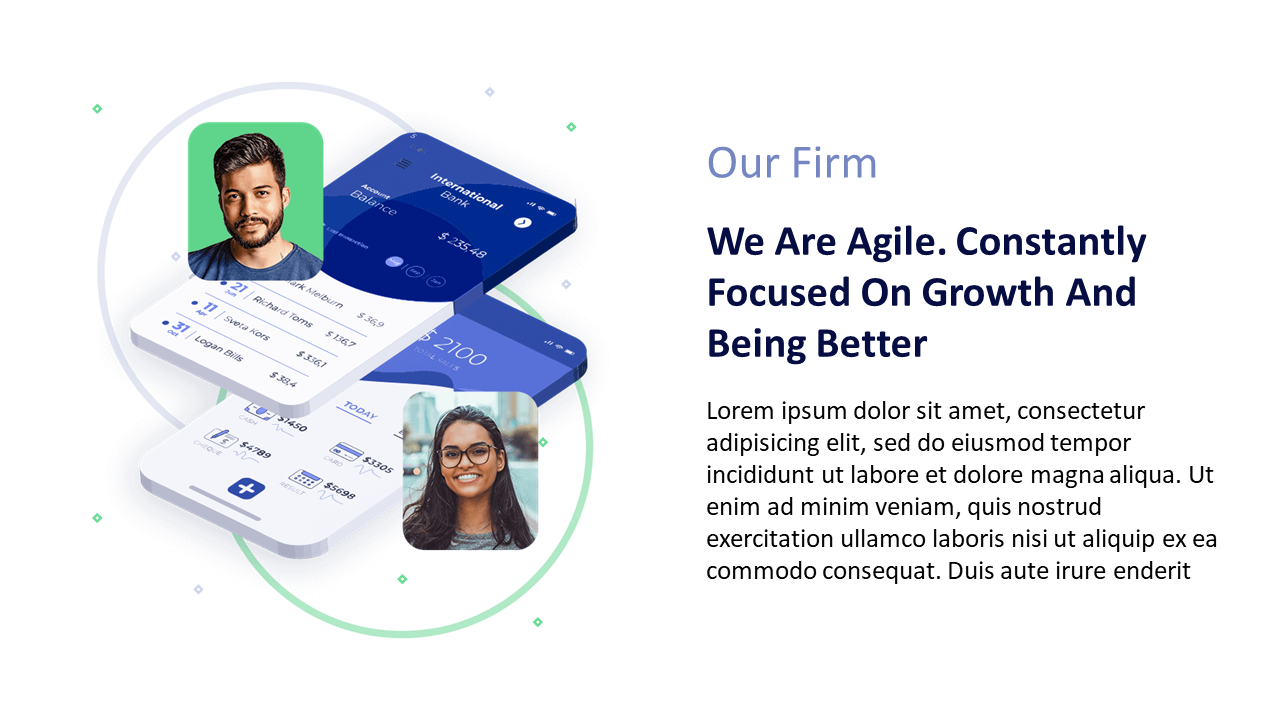 Isometric banking app mockups with user profile photos on left, and bold heading with lorem ipsum text on the right.