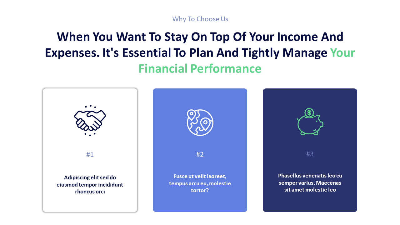 Three vertical cards with icons of handshake, map, and piggy bank below a bold heading about financial performance.