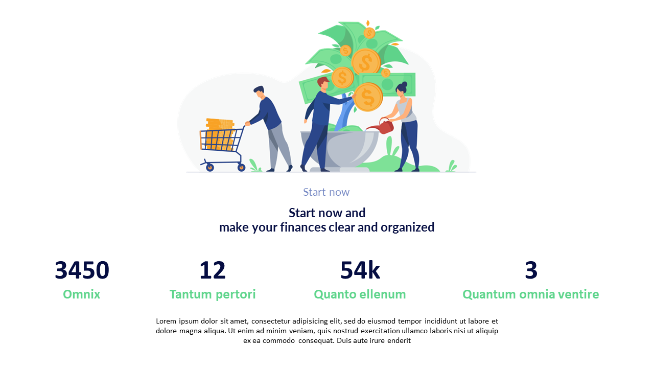 Illustrated team watering a money tree with coins and bills, above four bold finance stats and placeholder captions.