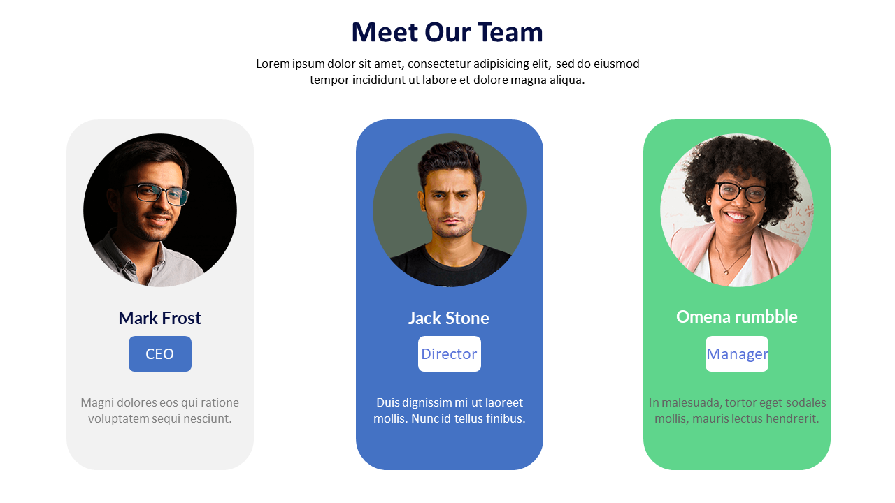 Meet Our Team layout featuring headshots and roles of three members with name, title badges, and brief placeholder bios.