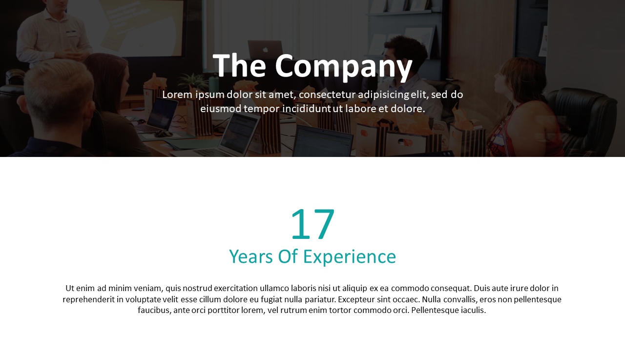 Company intro slide with team photo, headline, experience stat in teal, and a paragraph of placeholder description below.