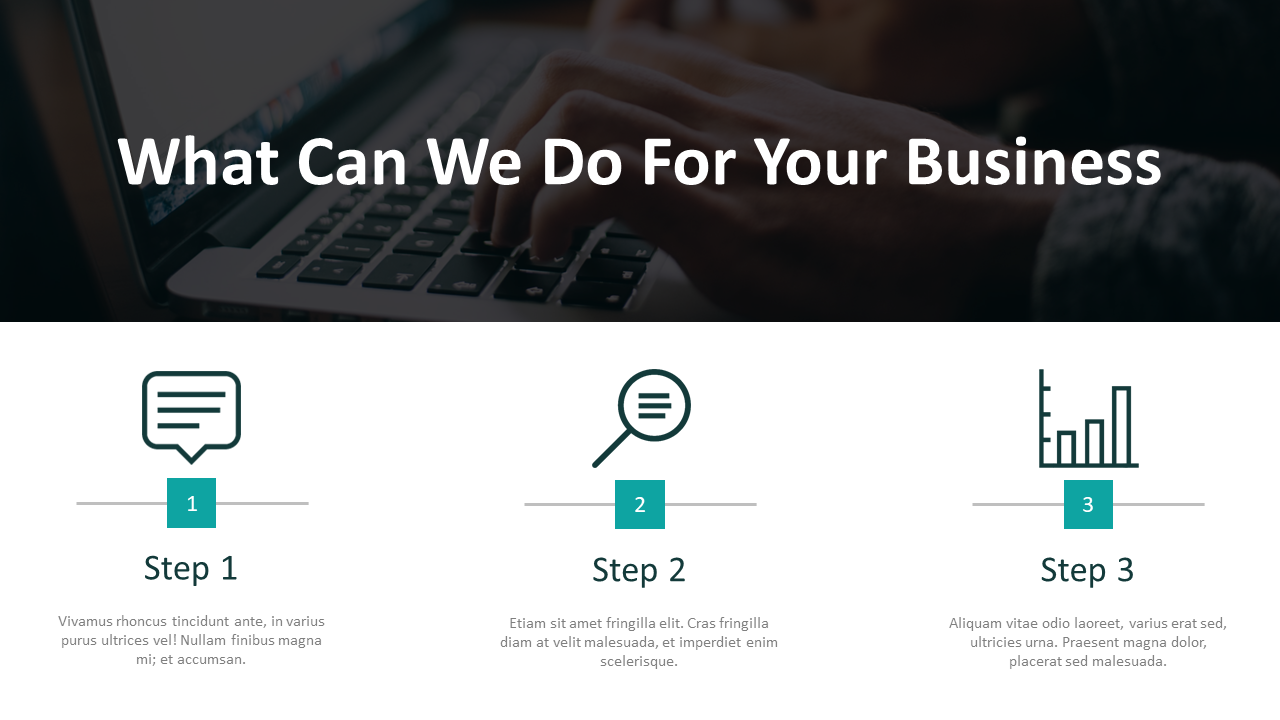 Business slide with dark laptop background and white section showing chat, search, and bar graph icons for steps 1, 2, and 3.