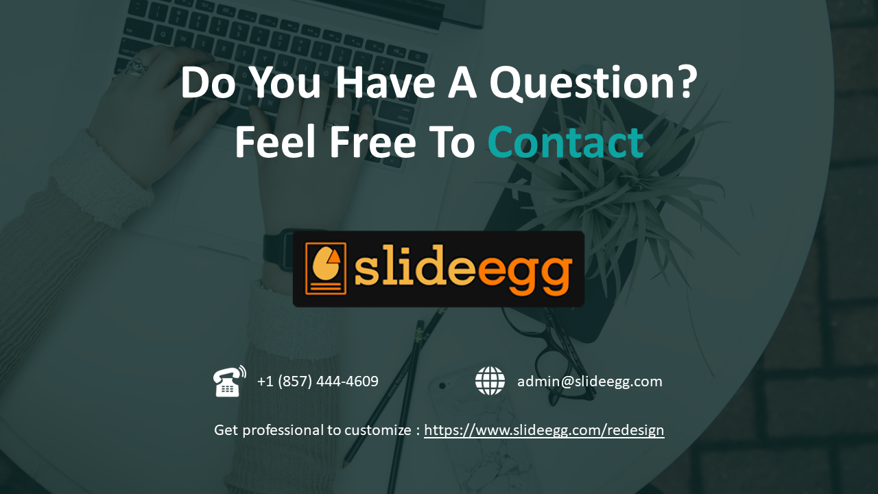 Slide with contact prompt, logo, email, phone, and a footer link for professional customization at slideegg redesign.