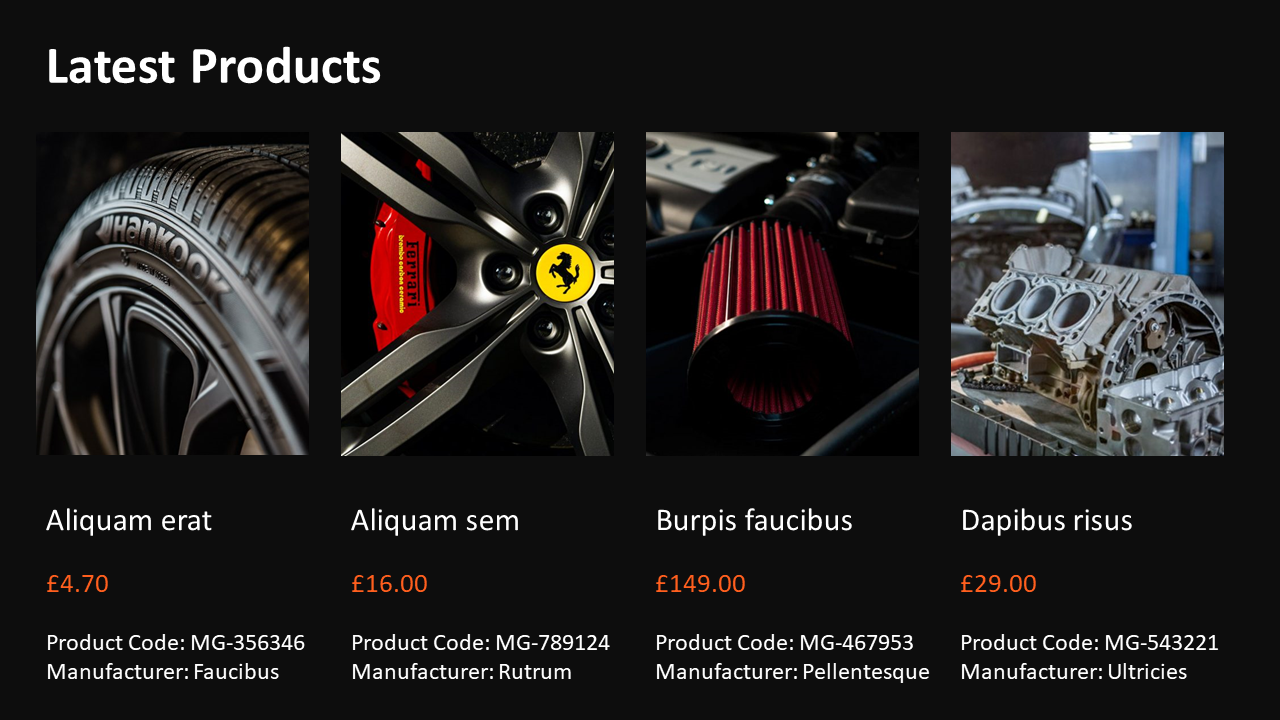 Automotive product grid featuring tire, Ferrari alloy and brake, red performance filter, and engine block, all with tags.