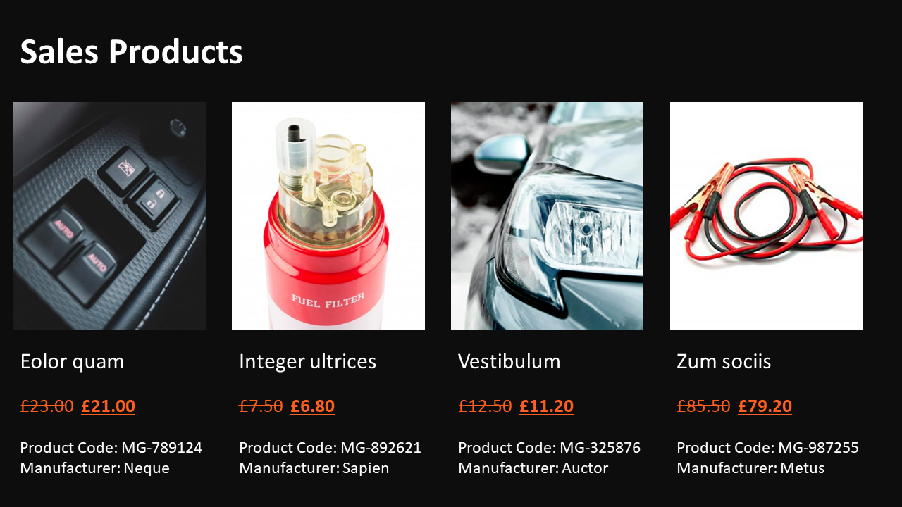 Four car accessories on sale with product photos, original and reduced prices, item codes, and manufacturer names below.