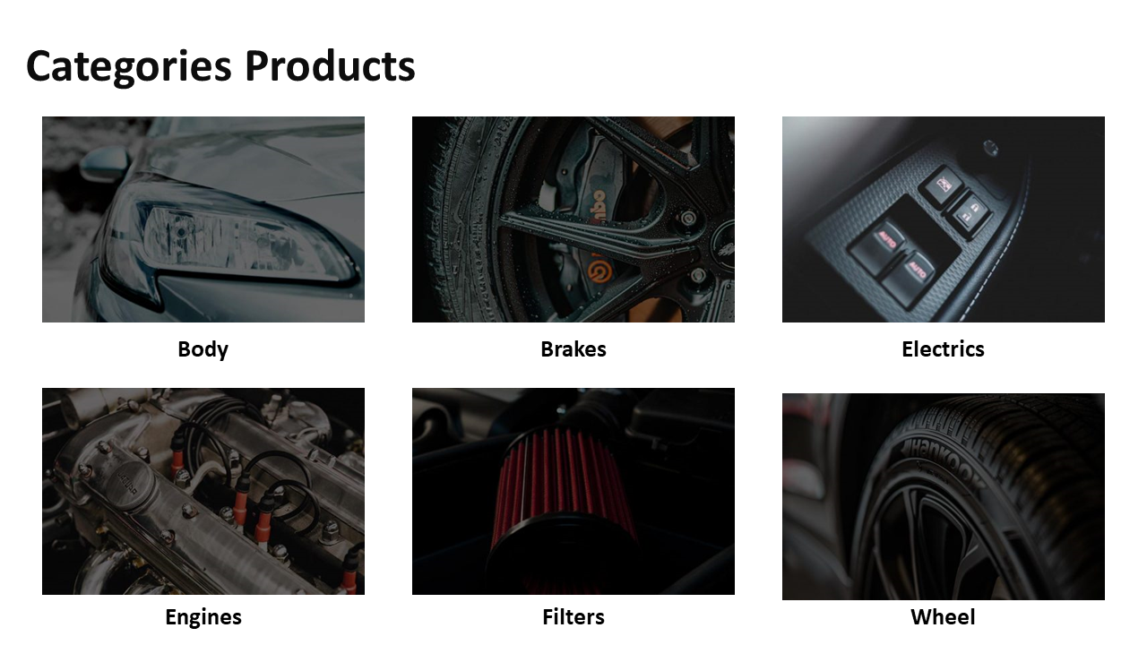 Car parts categories with images including headlights, brake discs, switch panels, engines, filters, and tires.