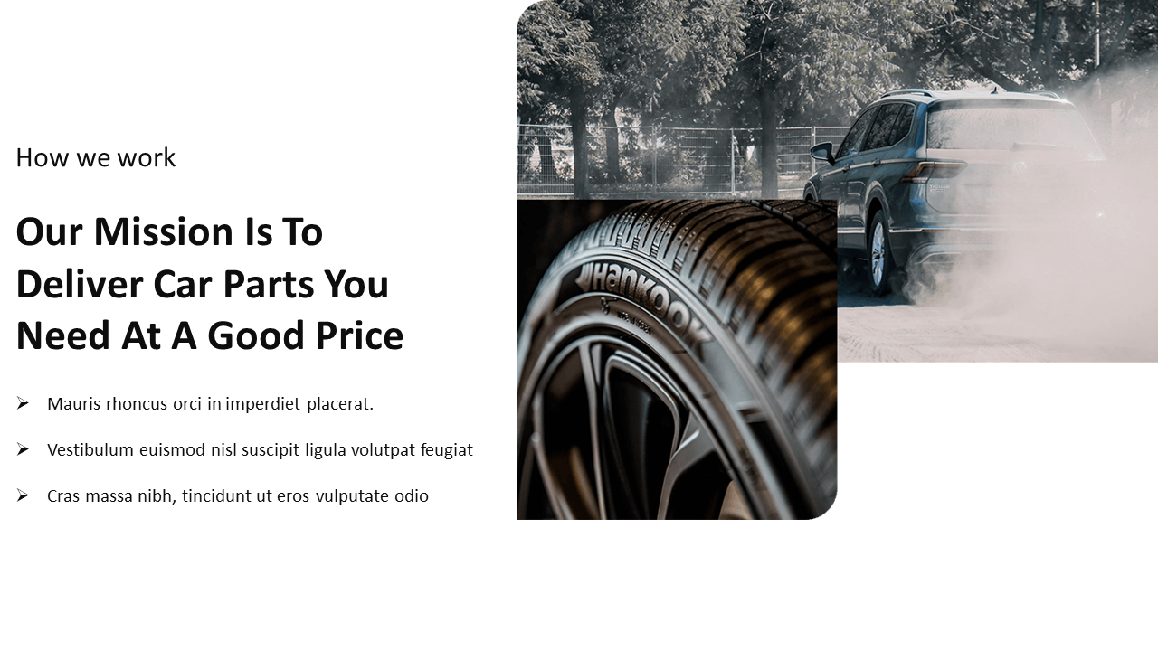 Car parts mission slide with bold heading, three bullet points on the left, and tire and SUV photo on the right.