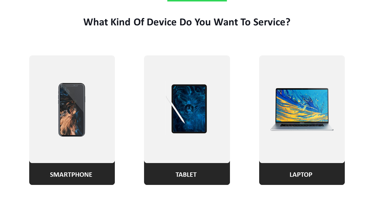 Service device choice screen with labeled boxes for smartphone, tablet with pen, and open laptop on a gray background.
