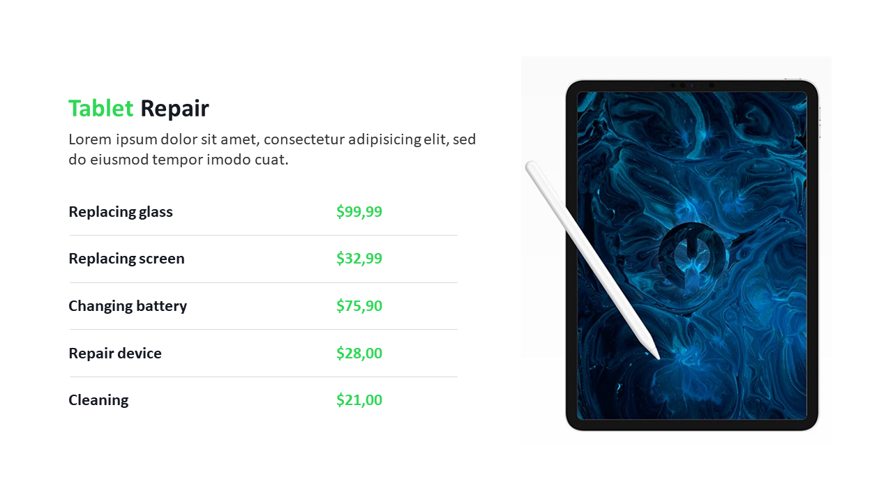 Tablet repair price chart listing five services with rates, placed next to a digital tablet with blue abstract wallpaper.