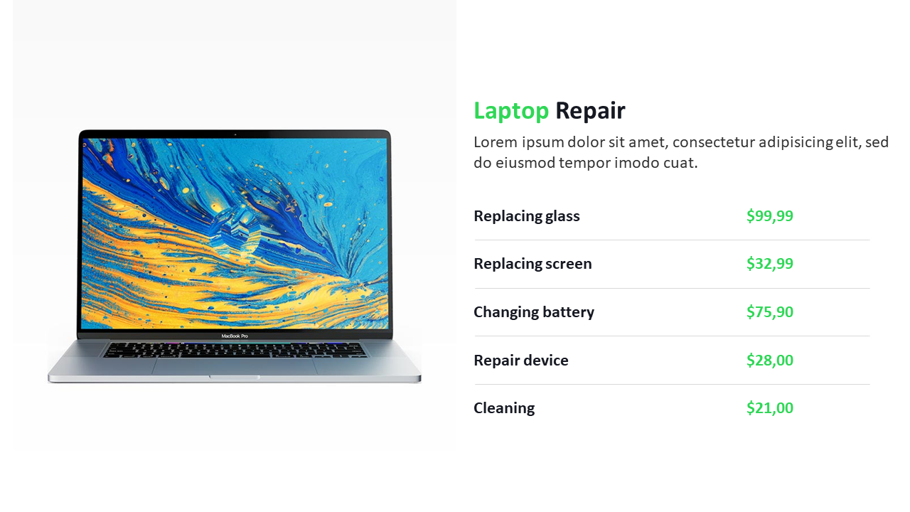 Blue and yellow laptop display next to detailed service list with five laptop repair options and prices in green.
