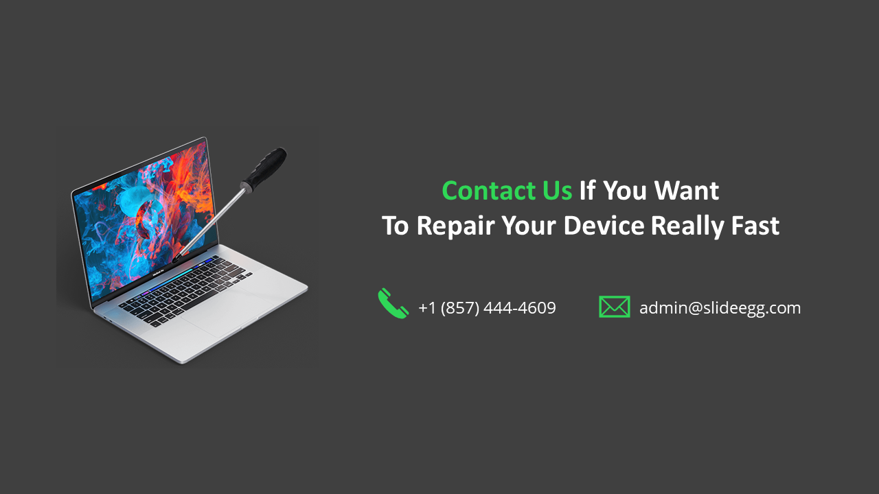 Open laptop with vivid screen and screwdriver, next to bold contact details for fast device repair service.