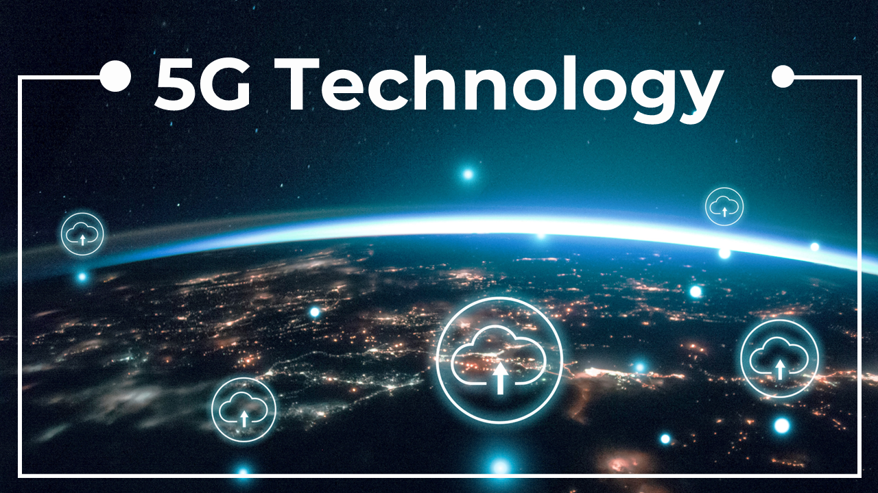 Futuristic 5G slide showing cloud upload symbols across a digital Earth backdrop with blue glow and starry background.