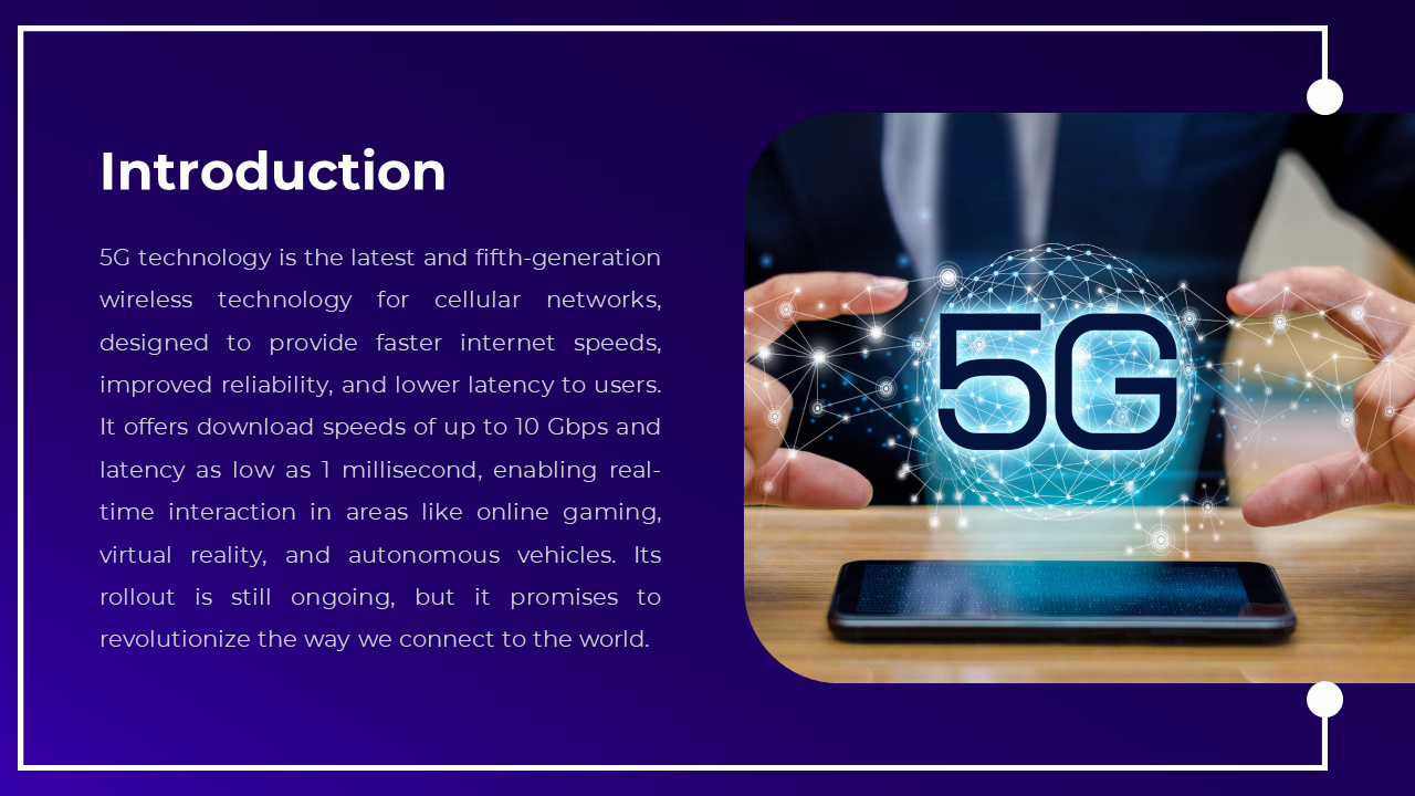 Introduction to 5G technology slide featuring a digital 5G globe above a smartphone and paragraph text on the left.