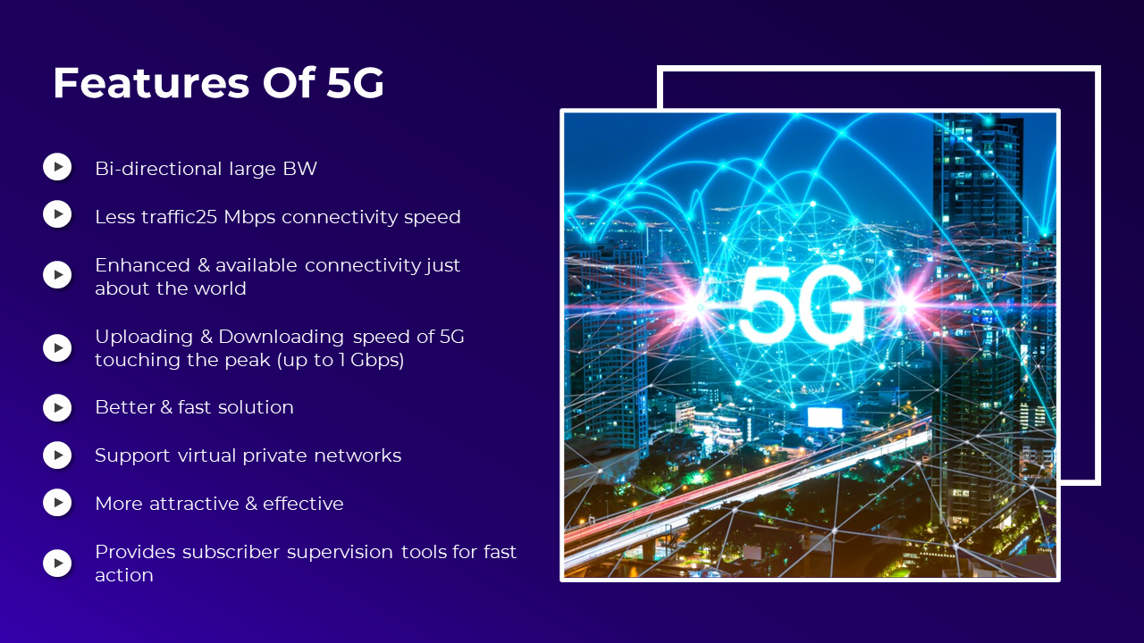 Slide showing 5G benefits like speed, VPN support, and global connectivity with a futuristic 5G city image on right.