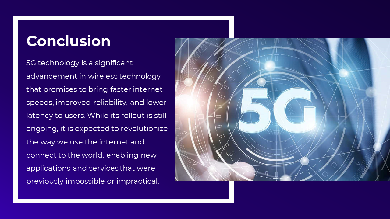 Conclusion slide on 5G benefits with text on the left and a glowing 5G graphic with circular tech elements on the right.