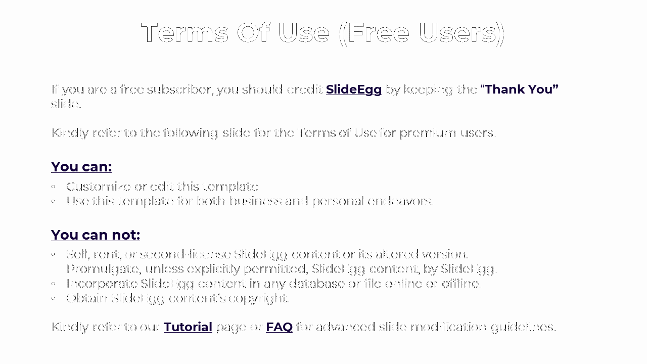 Slide outlining free user permissions and restrictions for SlideEgg templates with links to tutorial and FAQ pages.
