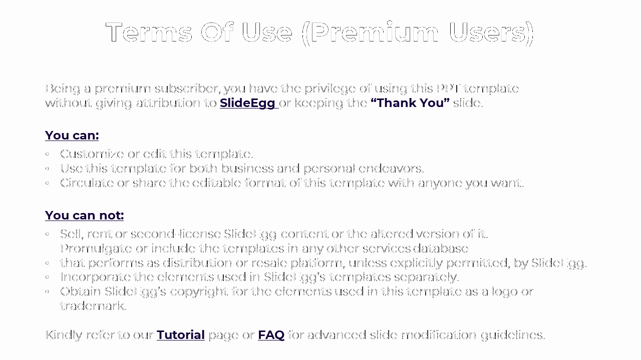 Terms of use slide for premium users showing rights, sharing permissions, and restrictions on reselling or redistribution.