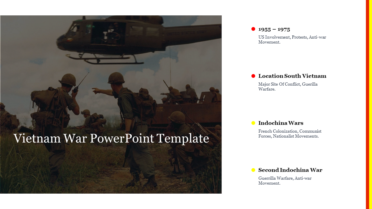 Vietnam War template slide showing U.S. troops and helicopter on left, with war timeline and locations listed on the right.