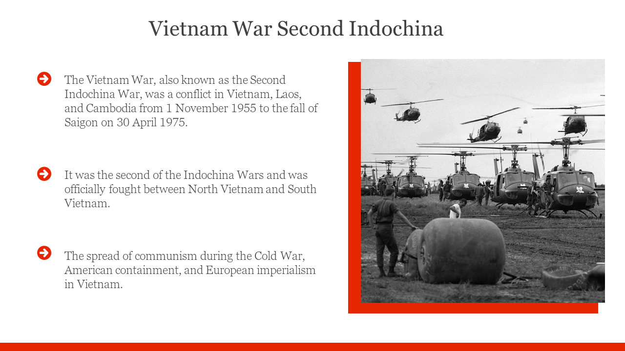 Description slide with red arrow icons, historical facts on the left, and a vintage war photo with helicopters on the right.