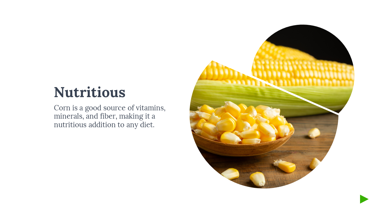 Bowl of corn kernels with full corn cob above in a split design, alongside text highlighting corn’s nutritional benefits.