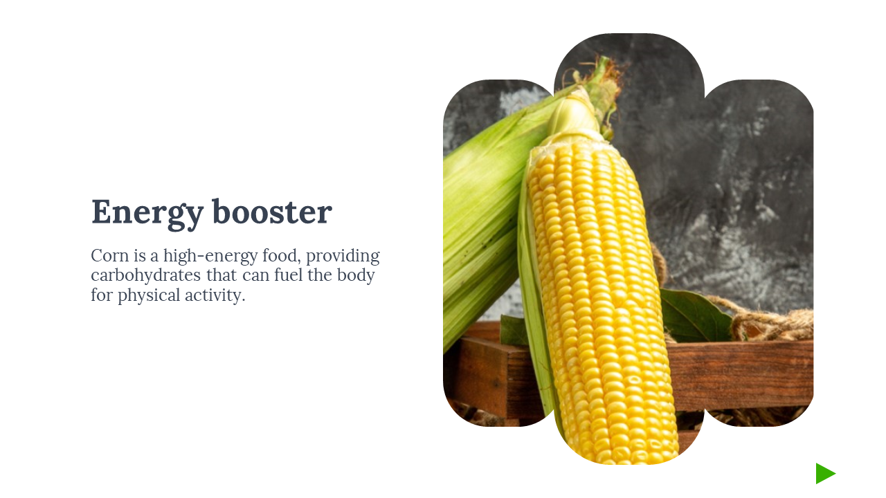 Yellow corn cob with husk in a stylized photo frame, alongside text explaining corn as an energy boosting food.