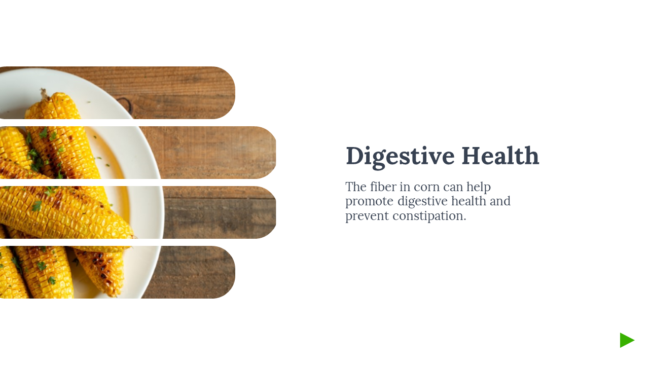 Bar style sliced photo of grilled corn on plate next to white panel with digestive health heading and supporting text.