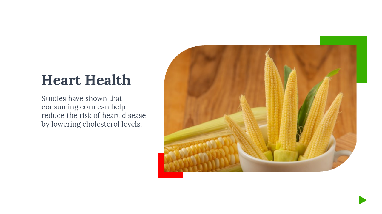 Baby corn arranged in a white cup with full cob behind, next to text on heart health and red green corner accents.