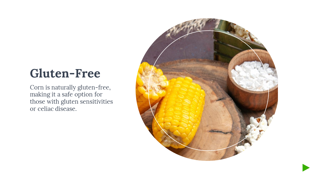 Corn halves with coarse salt in a wooden bowl on a rustic surface, shown in a circular frame next to gluten free text.