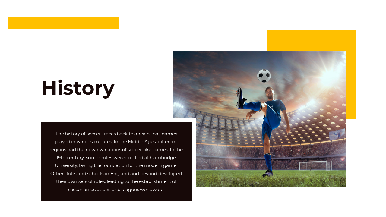 Action shot of soccer player kicking a ball in a lit stadium, placed next to a black text box on soccer’s historical origins.