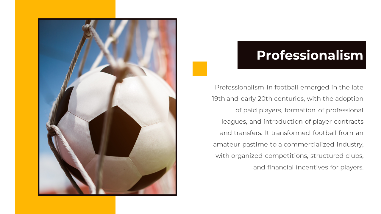 Soccer ball in goal net against sky backdrop beside a text section about the rise of professionalism in football.