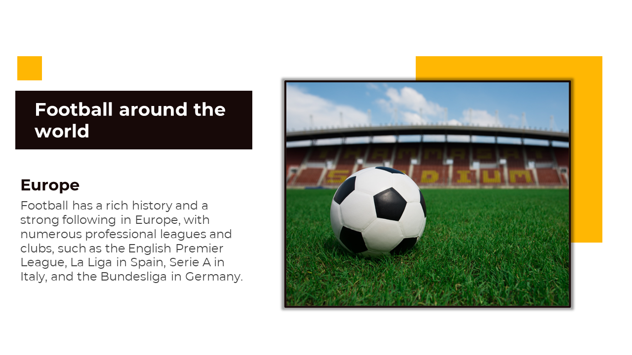 Slide showing soccer ball on pitch with stadium backdrop, highlighting football’s popularity across European leagues.