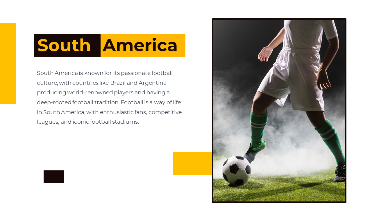 Partial view of footballer with ball on smoky field, next to text on South America’s football culture and major nations.