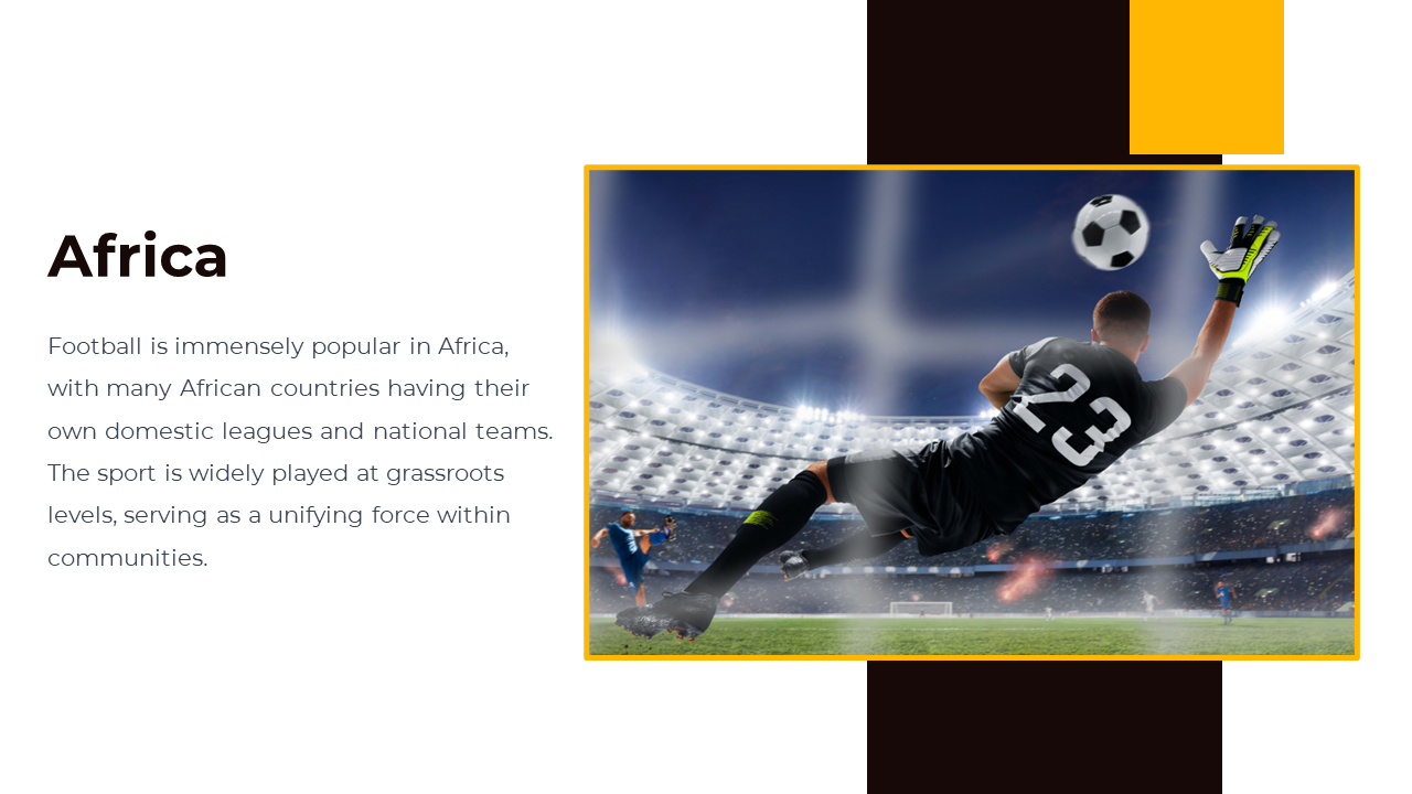 Player in jersey number 23 leaping to stop a goal in packed stadium, next to text about football’s role across Africa.