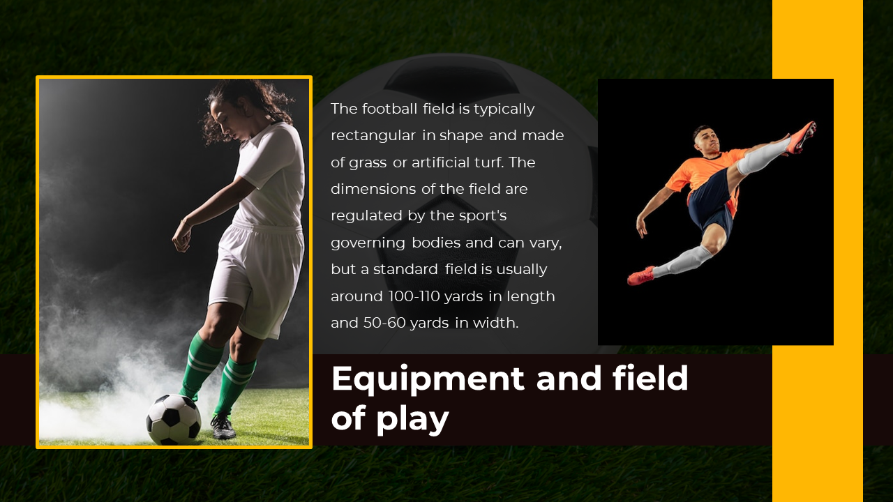 Two soccer players in action on either side of a text block explaining football field dimensions and surface types.