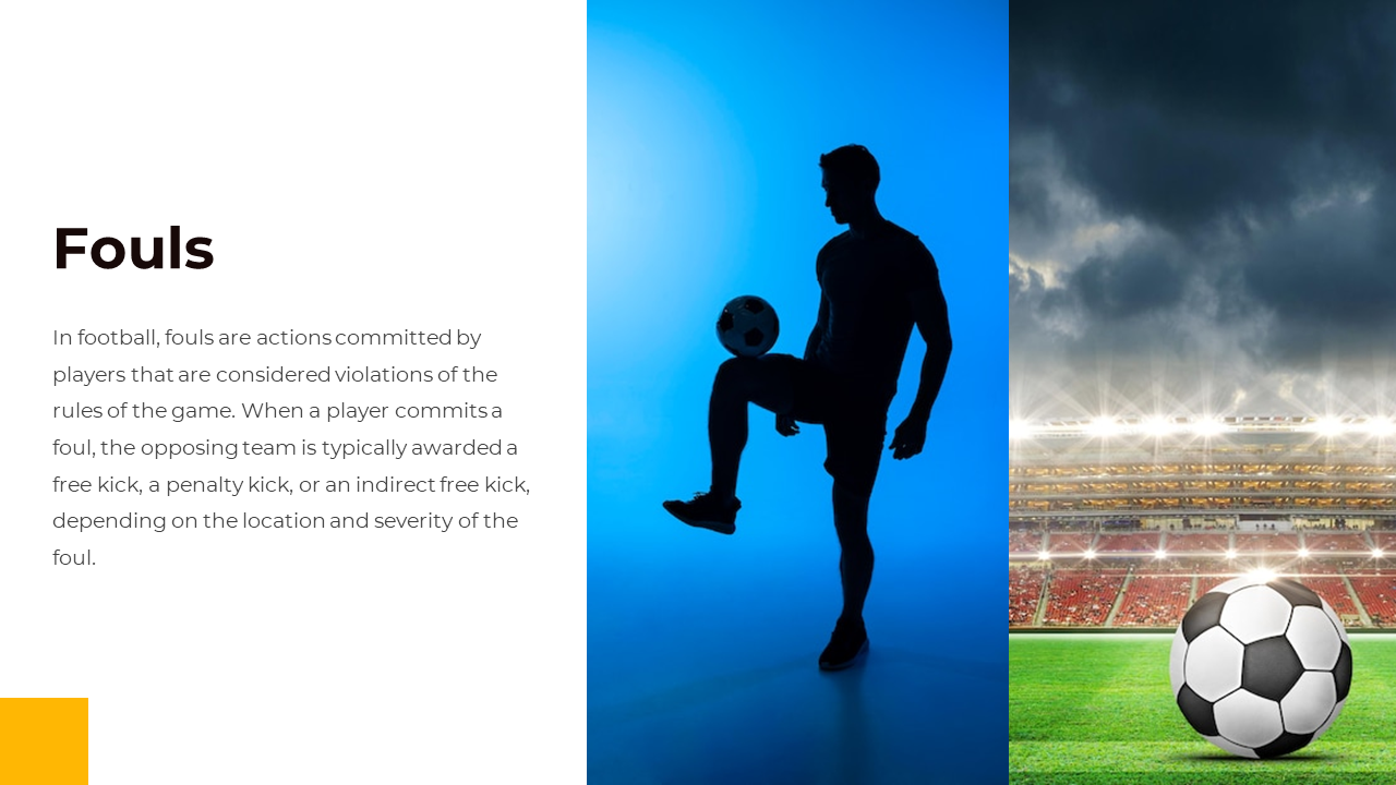 Soccer ball on green field beside a player silhouette in blue lighting, with left aligned text explaining fouls.