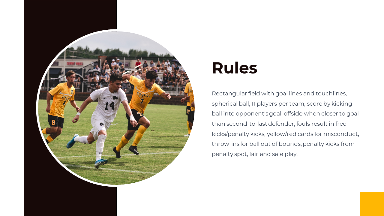 Player in white jersey chased by opponents in yellow, shown in a round frame next to key soccer rules on the right.
