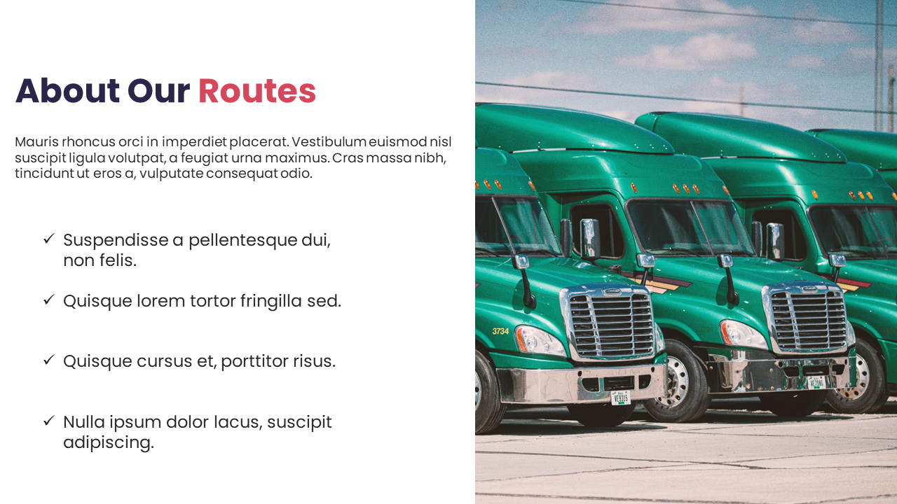 Slide showing water transport with cargo ships and cranes on left and package delivery service with man unloading boxes.