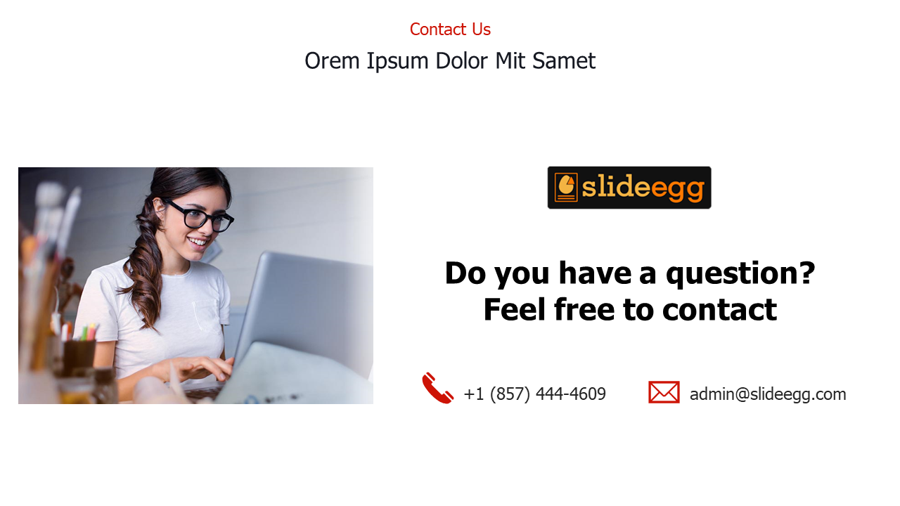 Contact us slide with phone and email icons on left and two illustrated people shaking hands on right.