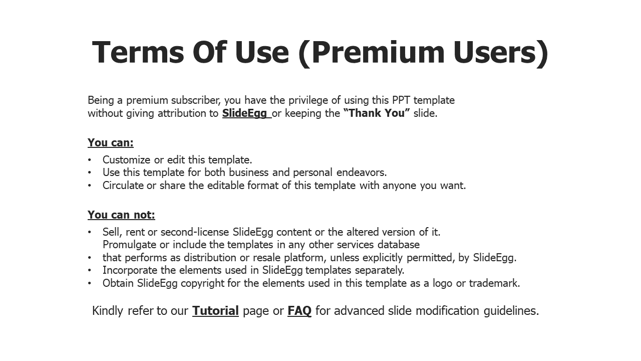 Black and white slide outlining usage rights for premium users, including editable and restricted content.