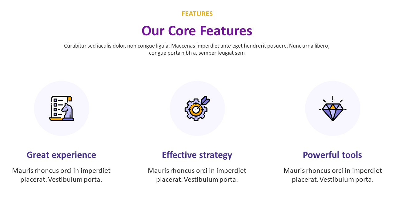 Feature slide with icons of a chess knight on a board, target in a gear, and a diamond, experience, strategy, and tools.
