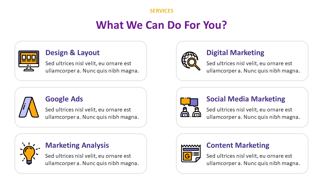 Grid layout showing six service offerings with icons and titles including Design, Ads, Marketing, and Social Media.