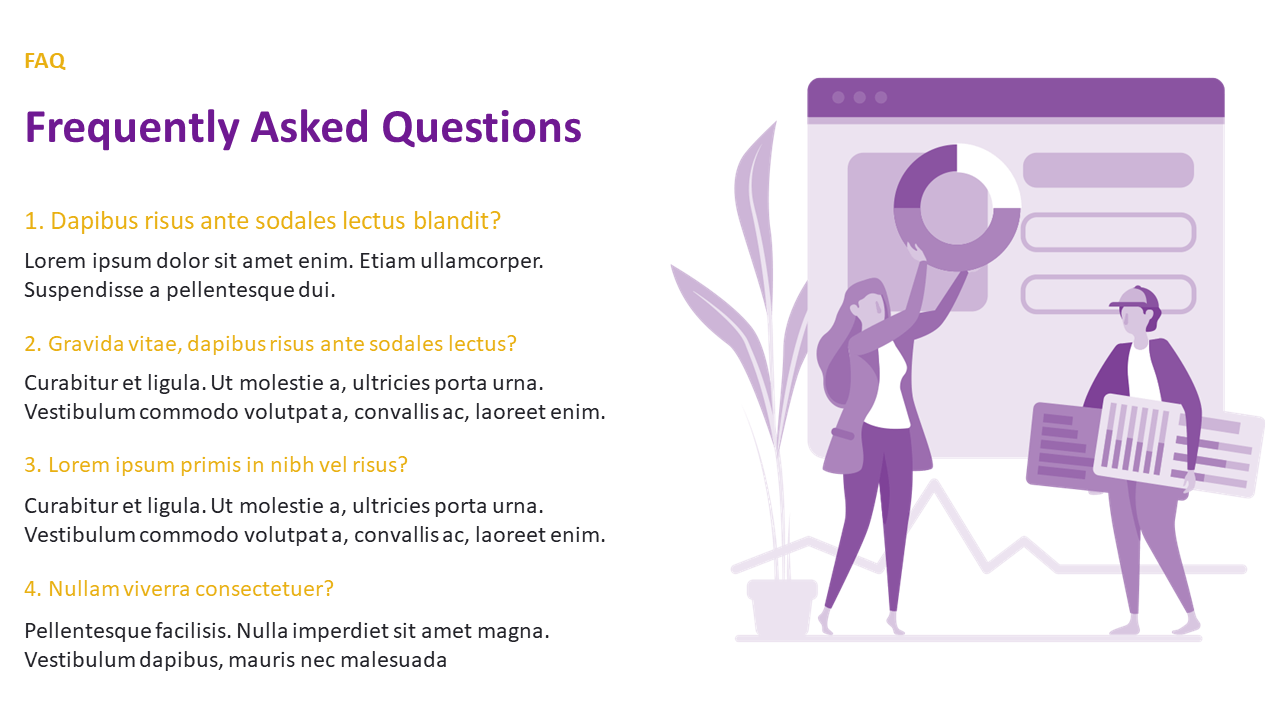 FAQ slide with four numbered questions in yellow text on left and two illustrated figures analyzing data on right.