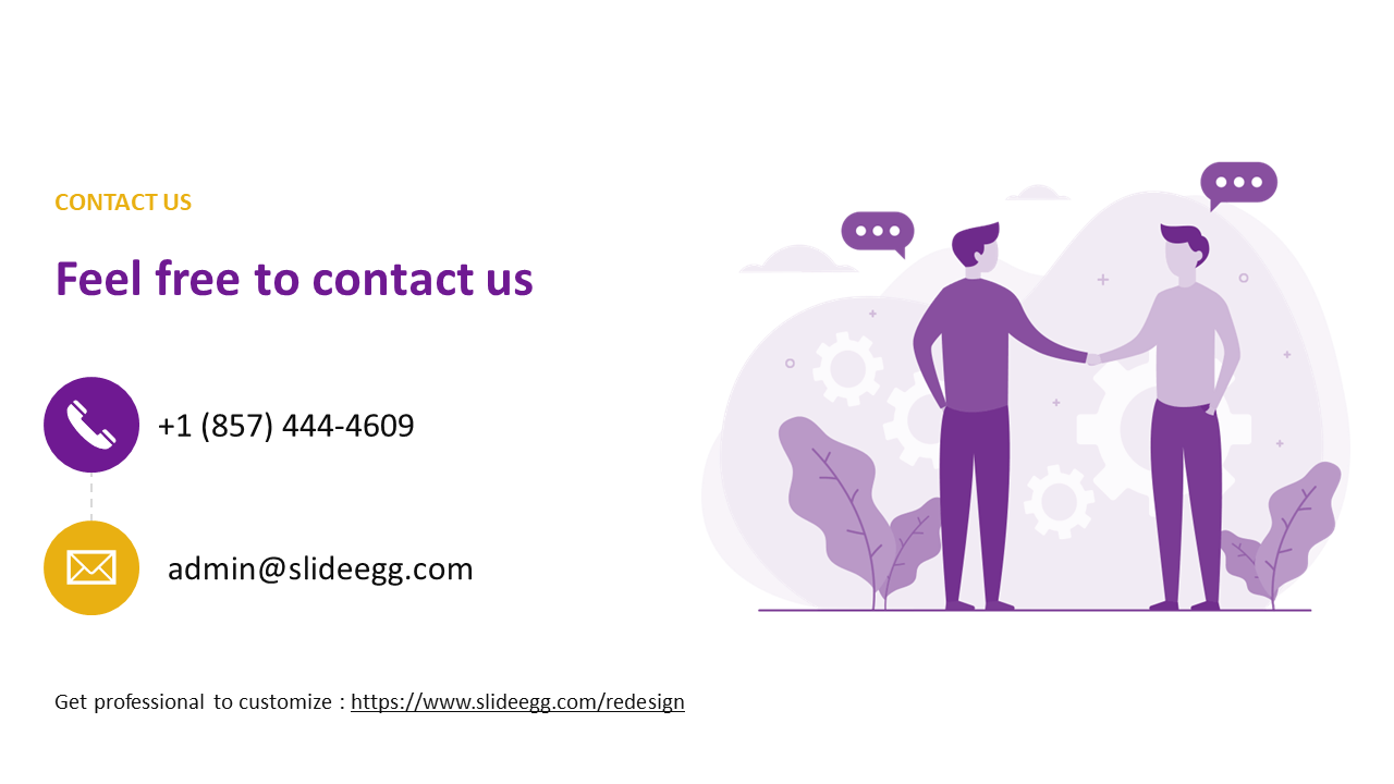 Contact us design slide with phone and email icons on left and two illustrated people shaking hands on right.